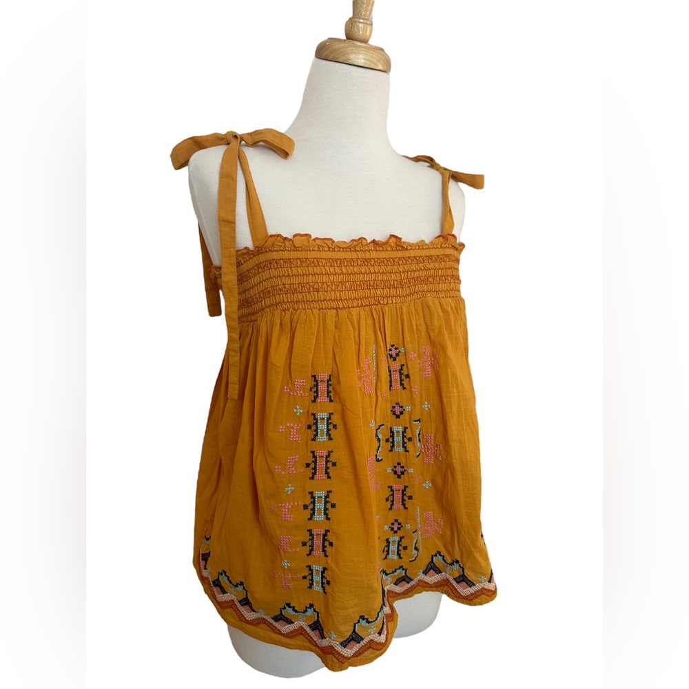 Rachel Zoe embroidered boho smocked Yellow/Gold tank top Size M